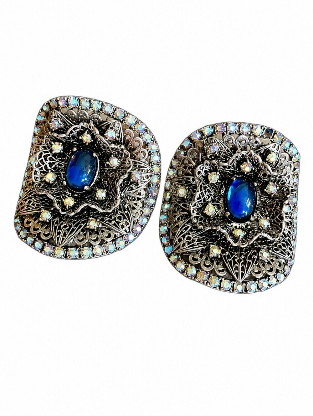 Antique MUSI Filigree Rhinestone Cabochon Gothic Shoe Clips